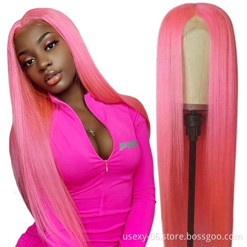 Colored Lace Front Human Hair Wigs Wholesale Brazilian Hair Pink Red Green Blue 99J Long Straight Lace Frontal Wig